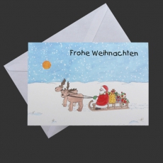 Weihnachtskarte - Elch, Weihnachtsmann, schlitten