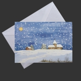 Aquarell-Künstler-Klappkarte- Winterabend im Schnee